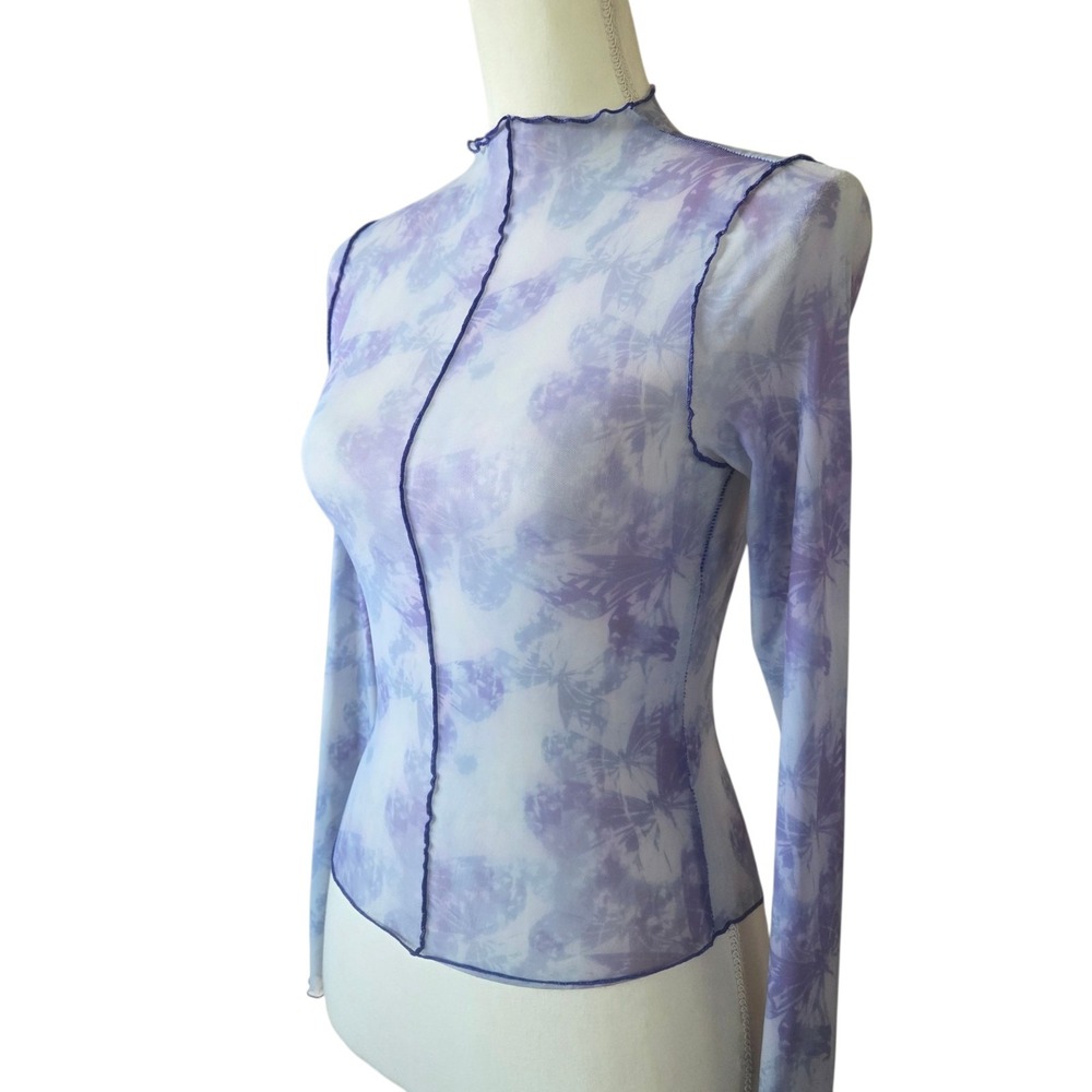 Forever 21 Sheer Mesh Ethereal Purple Butterfly Long Sleeve Top Y2K Small
